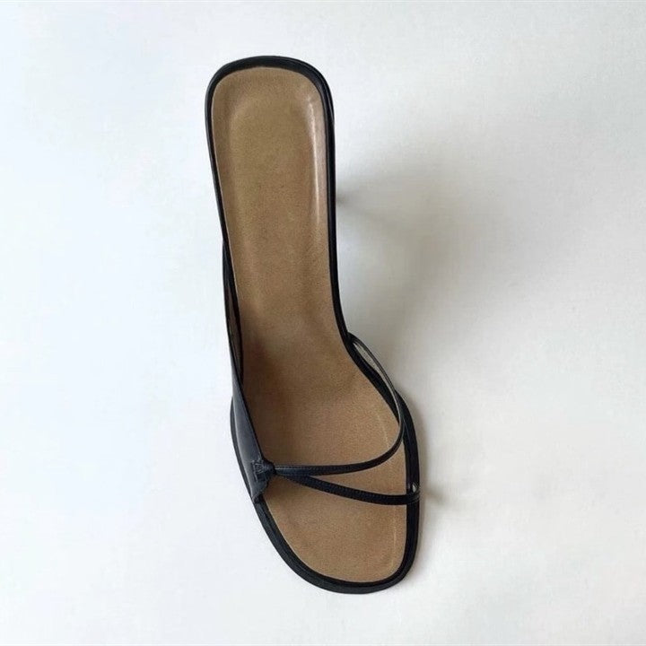 Black strappy square-toe heeled sandal, top view