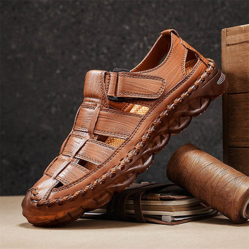 Brown closed-toe fisherman sandal with hook-and-loop strap
