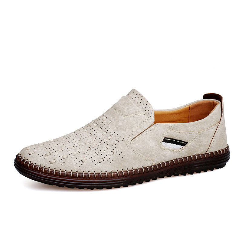 Beige perforated slip-on shoe with stitched sole, side view
