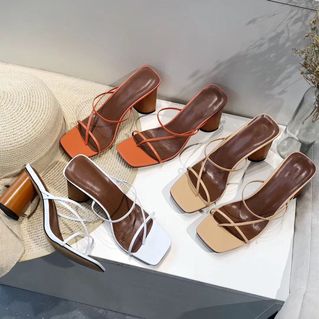Strappy square-toe block-heel sandals in terracotta, nude and white