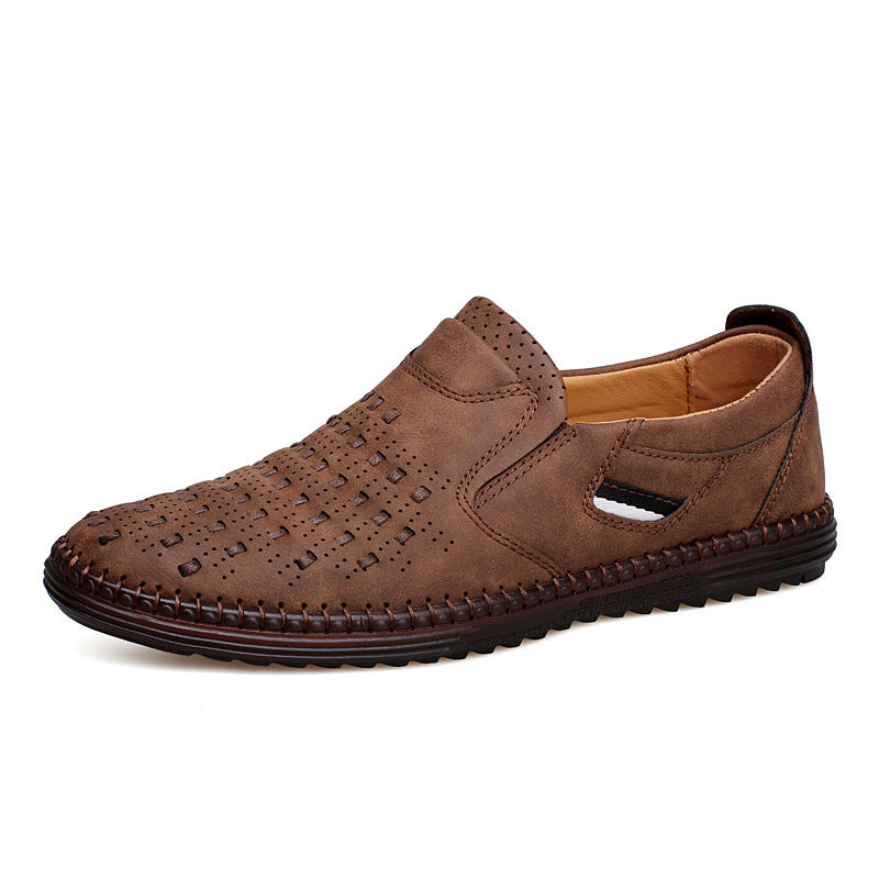 Brown perforated slip-on shoe with stitched sole, side view