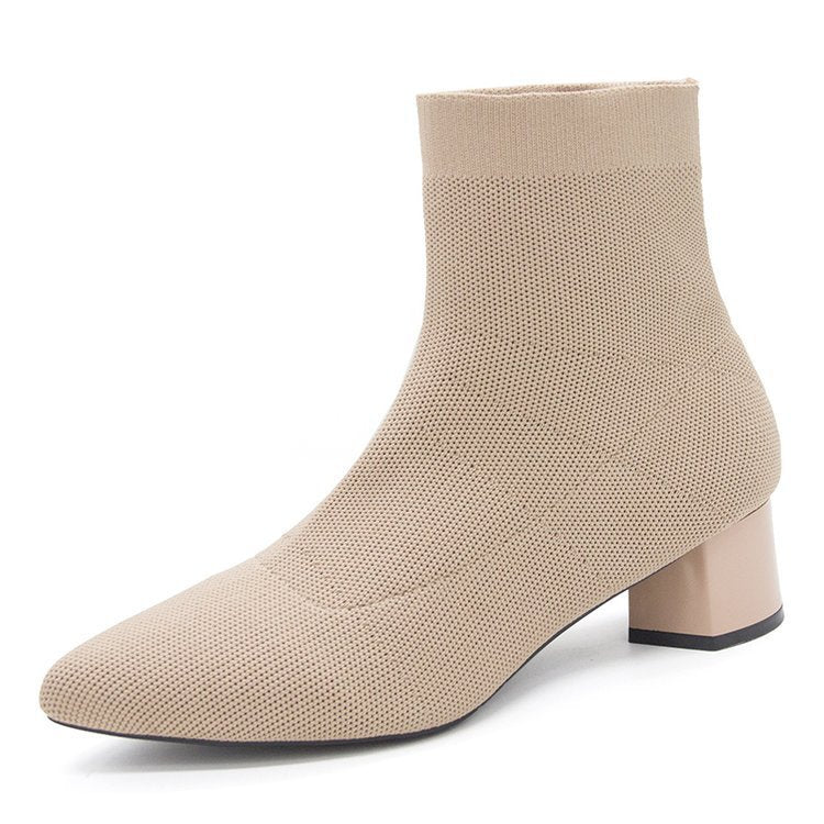 Khaki pointed-toe sock ankle boot with a low block heel