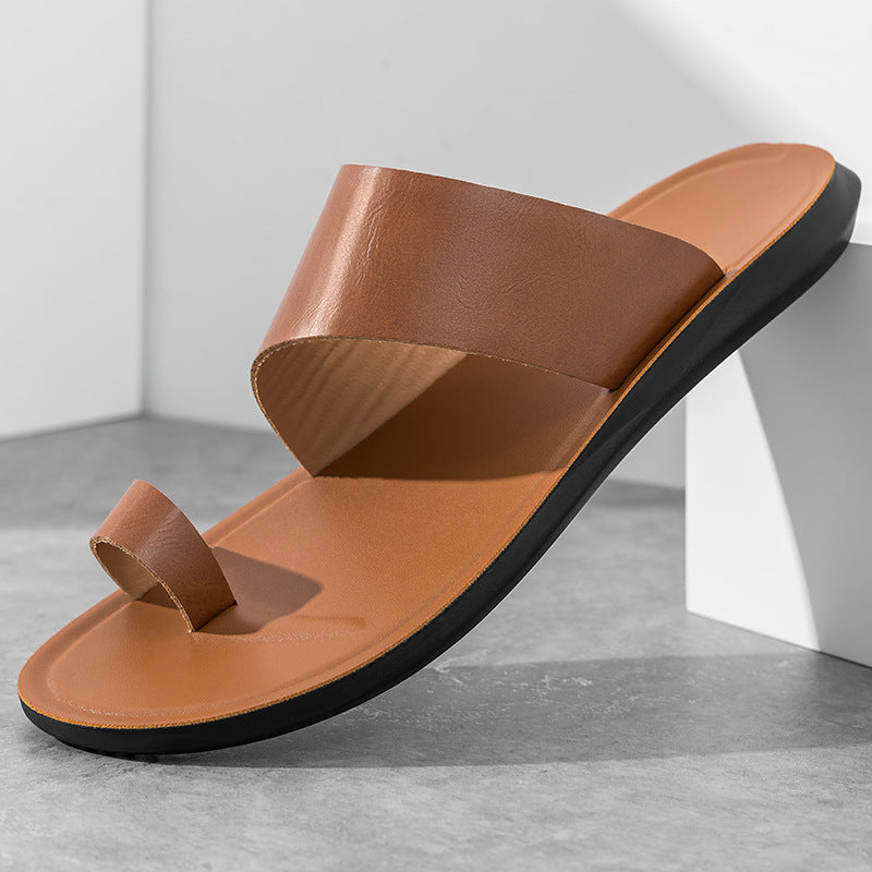 Brown minimal toe-loop slide sandal