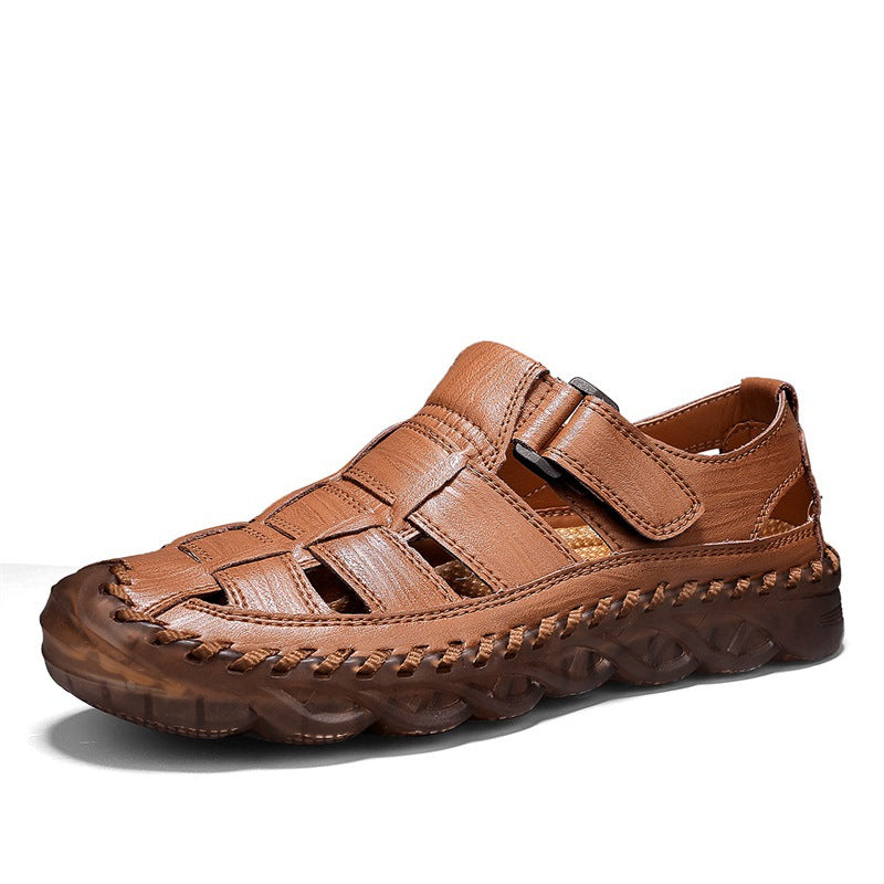 Brown closed-toe fisherman sandal, side view