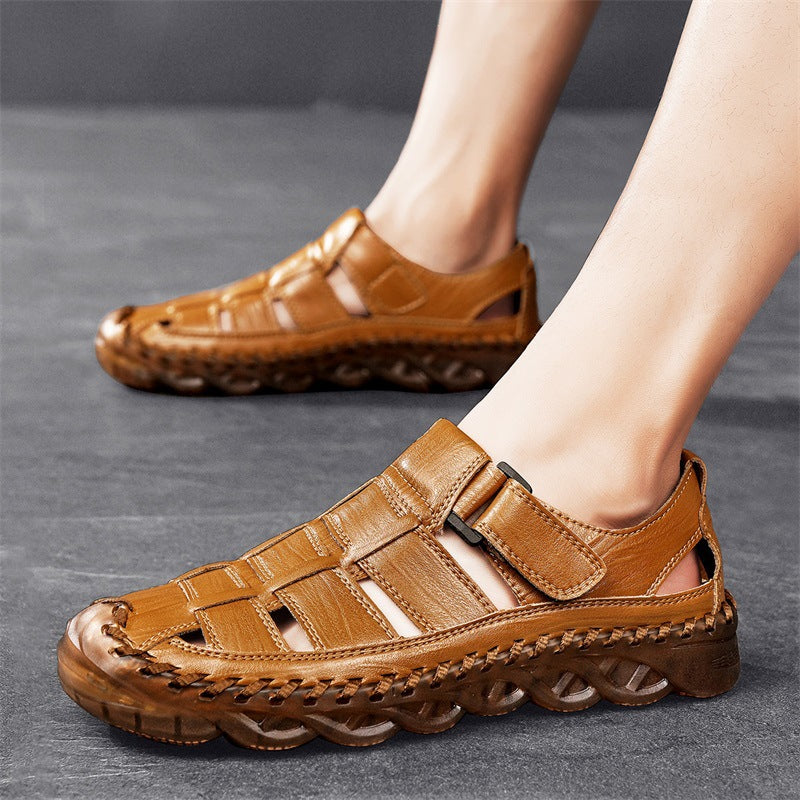 Man wearing tan closed-toe fisherman sandals