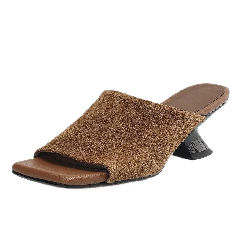 Brown suede square-toe mule with sculpted heel, side view