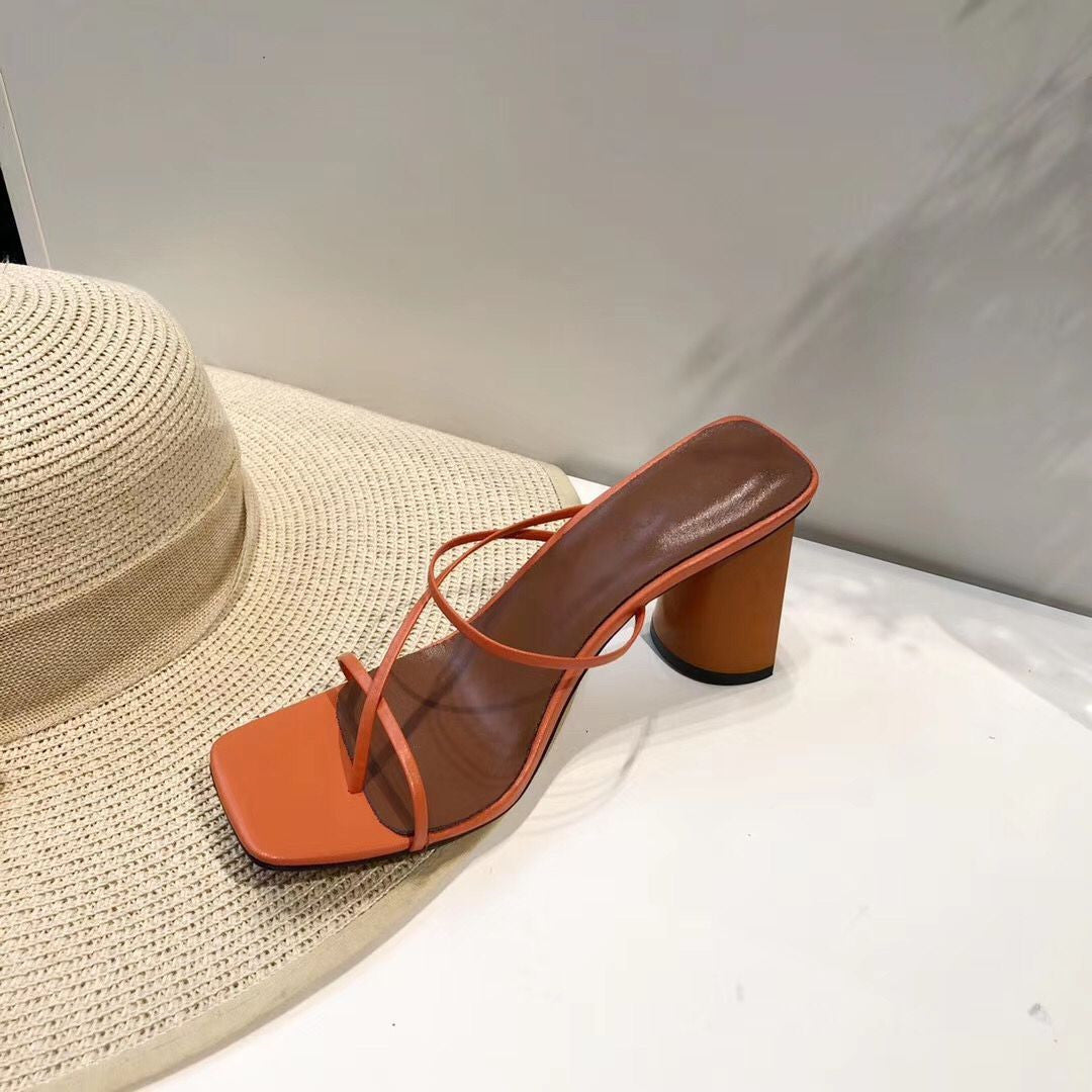 Terracotta strappy square-toe sandal with toe loop and round block heel