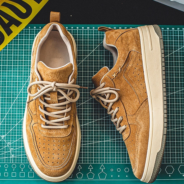 Tan brushed court sneakers from above and side