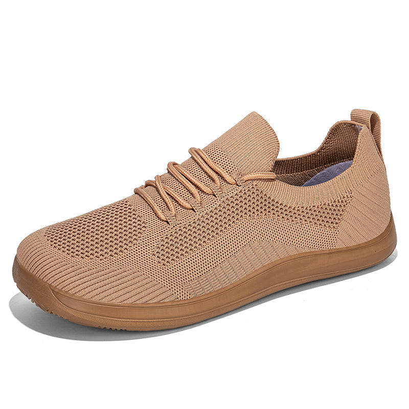 Tan knit sneaker with tan sole, side view