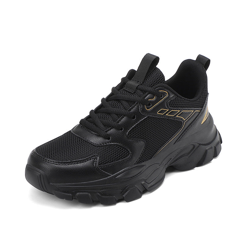 Black chunky mesh lace-up trainer, side view