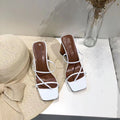 Pair of white strappy square-toe sandals with round block heels