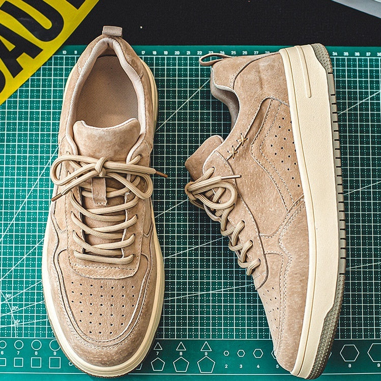 Beige brushed court sneakers from above and side