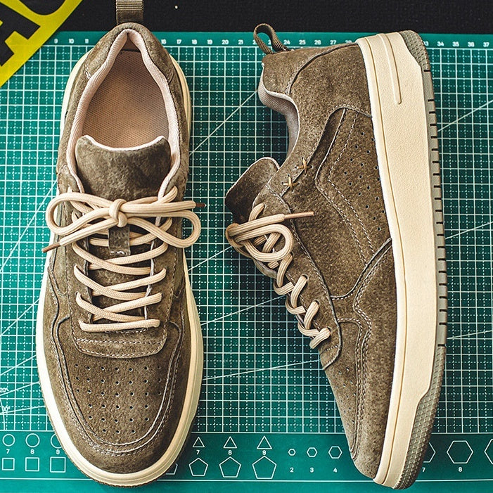 Dark brown brushed court sneakers from above and side