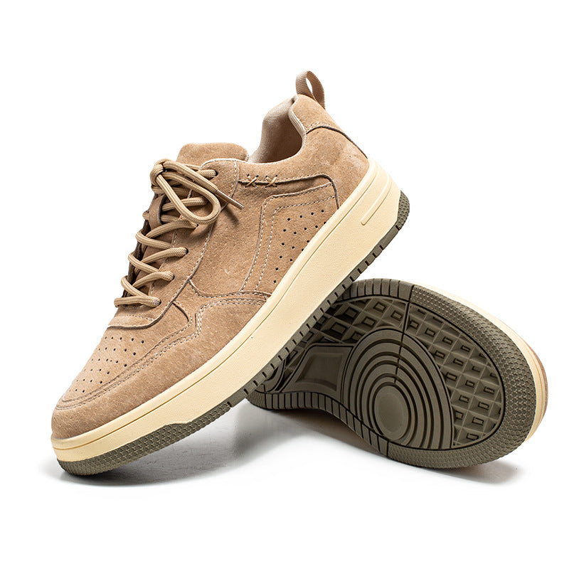 Beige brushed court sneaker with the rubber outsole shown