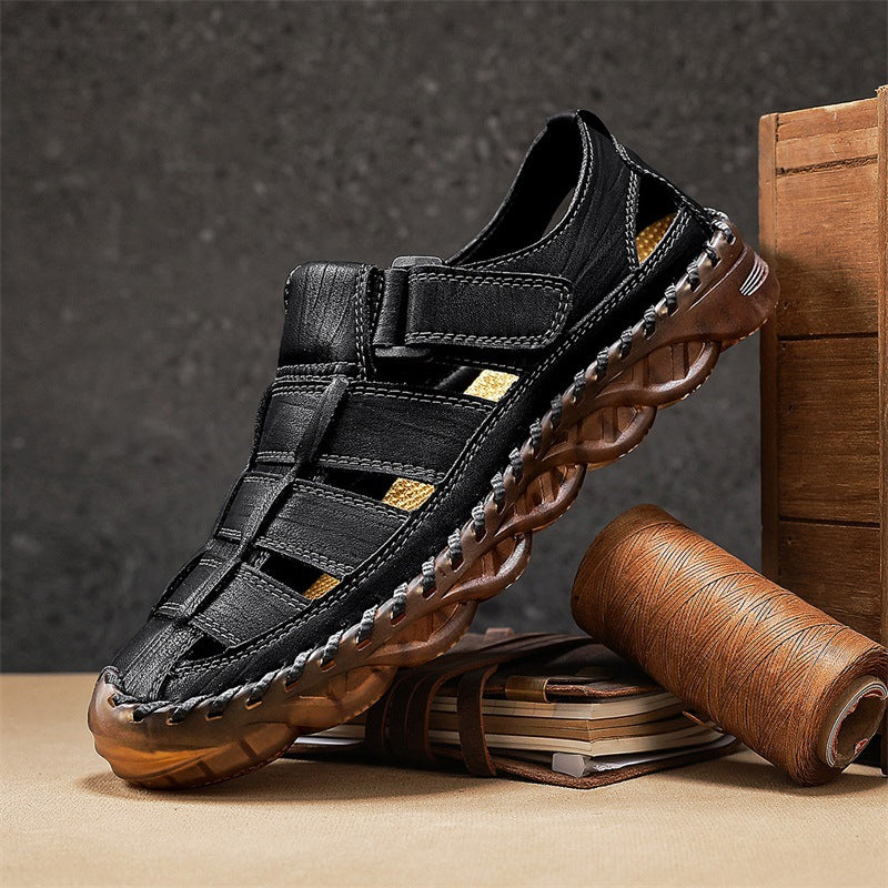 Black closed-toe fisherman sandal with hook-and-loop strap