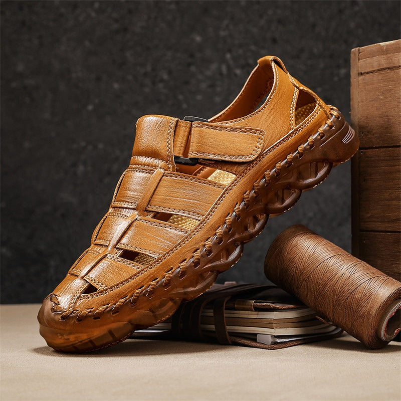 Tan closed-toe fisherman sandal with hook-and-loop strap