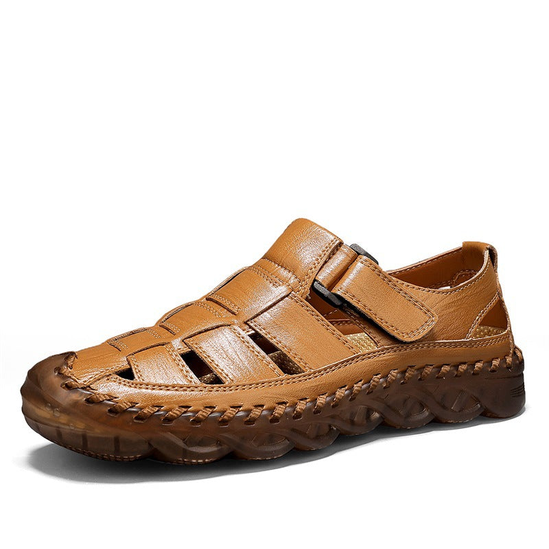 Tan closed-toe fisherman sandal, side view
